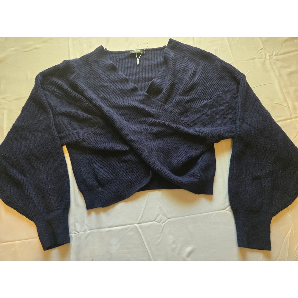 Womens XL Crossover Cropped Sweater Top Long Sleeve Knit‎ Navy Blue Trendy